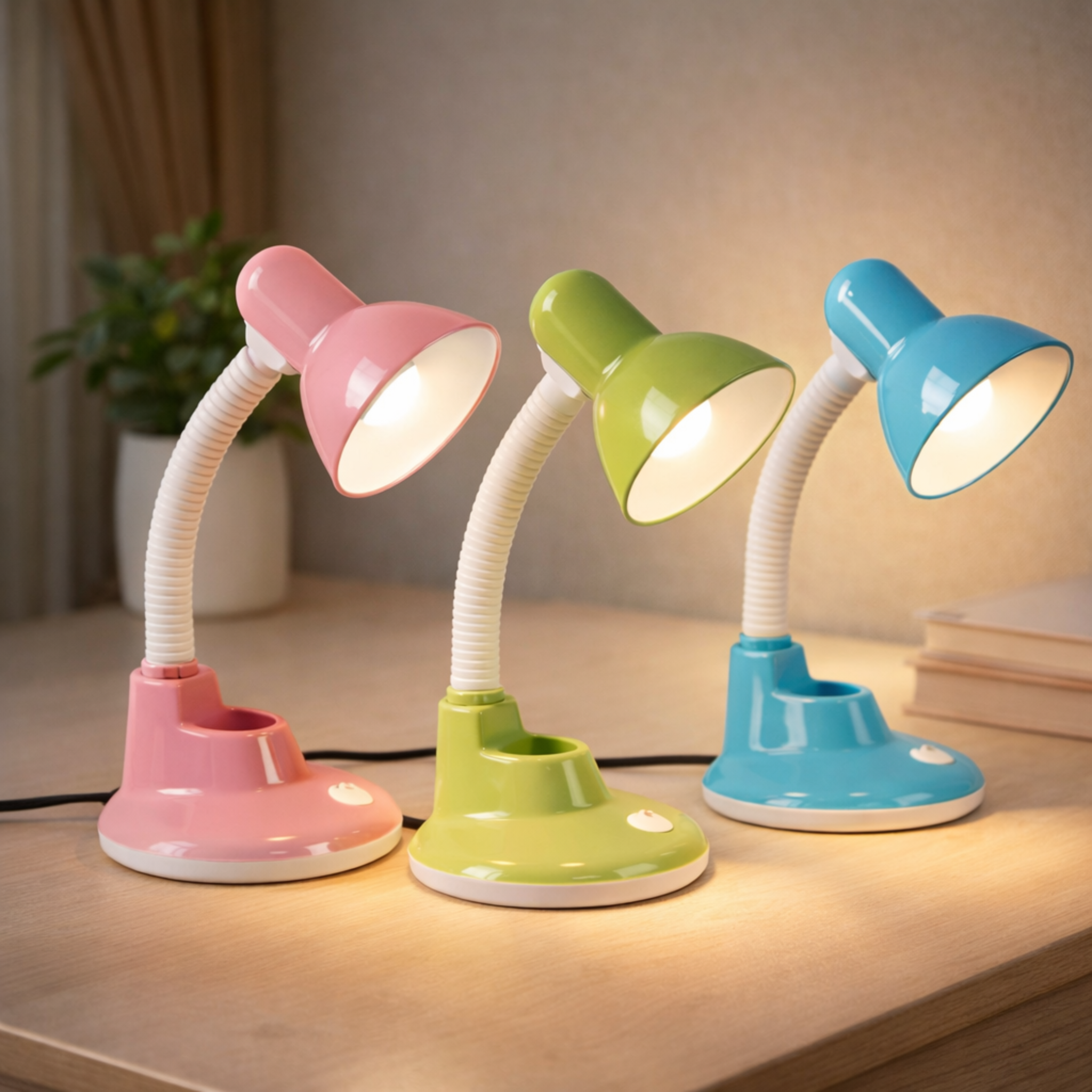 FlexiGlow adjustable colorful desk lamps in pink, green, and blue with flexible necks and LED lights on a wooden desk. Ideal for kids' study areas.