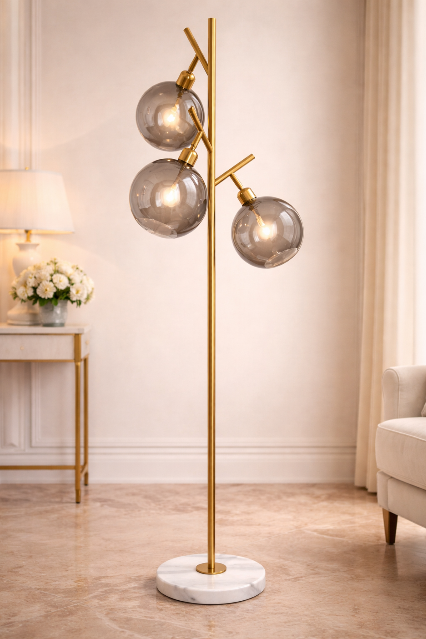 Luxury Glass Globe Floor Lamp - Aura Trio by ImperialKart with three smoked glass globes, gold metal frame, and white marble base. Ideal for modern interiors.