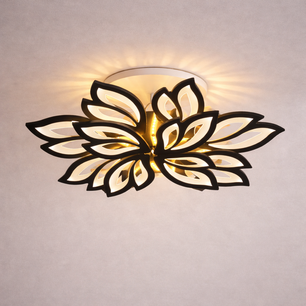Designer Floral LED Ceiling Light by Bloom Radiance with petal-shaped design and warm glow. Ideal for modern interiors and luxury lighting décor.