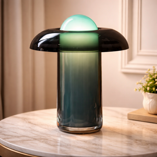 AuraDome modern glass table lamp with ambient glow, featuring a dome-shaped top and gradient glass base on a marble surface. Ideal for luxury interiors.