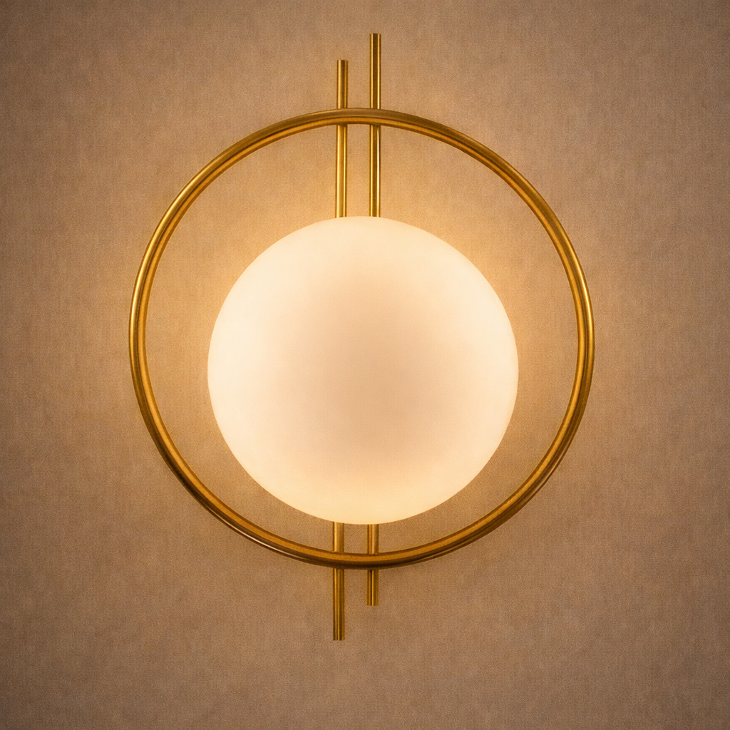 Celestial Halo Luxury Designer Wall Light with frosted globe and brass halo, mounted on textured wall. Ideal for modern home lighting décor.