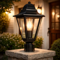 Classic outdoor pillar lantern light with elegant black metal frame and clear glass panels, mounted on a stone post for garden or gate lighting.