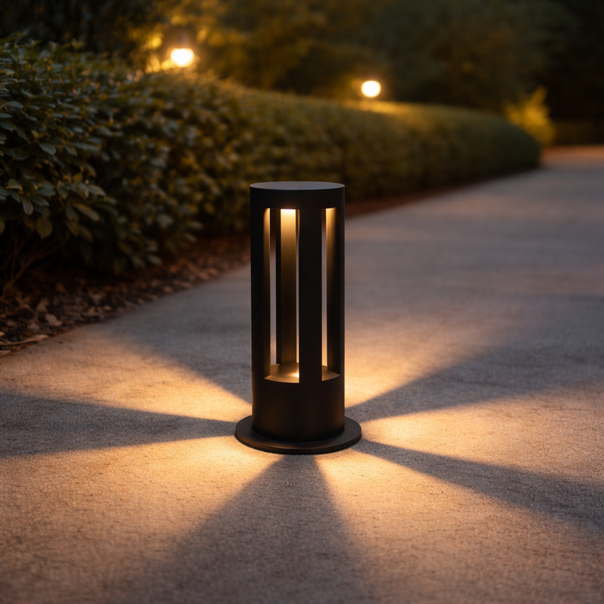 Lumora Luxury Outdoor Bollard Light illuminating a garden pathway with warm LED glow. Sleek black design enhances modern landscape lighting aesthetics.