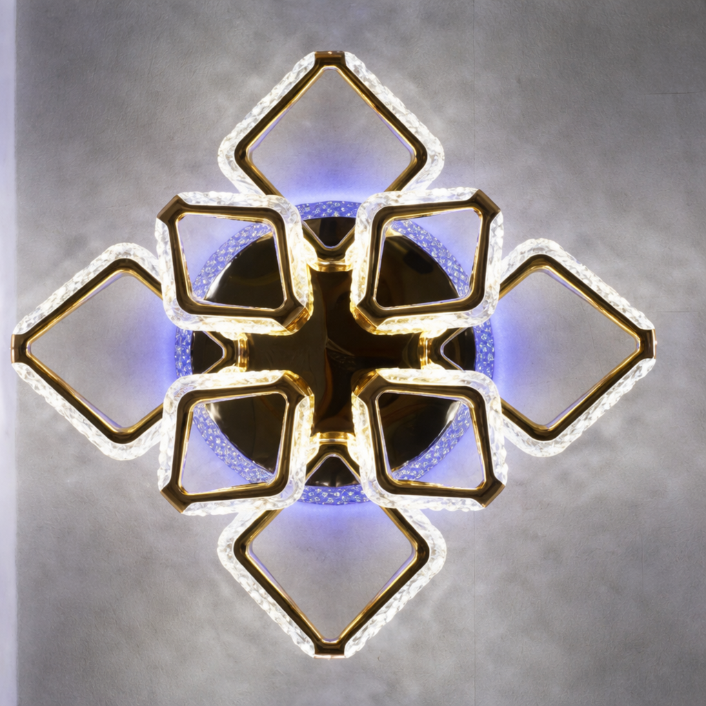 Premium Quadra Halo LED Ceiling Light in geometric gold design, featuring crystal accents and soft blue backlighting for luxury spaces.