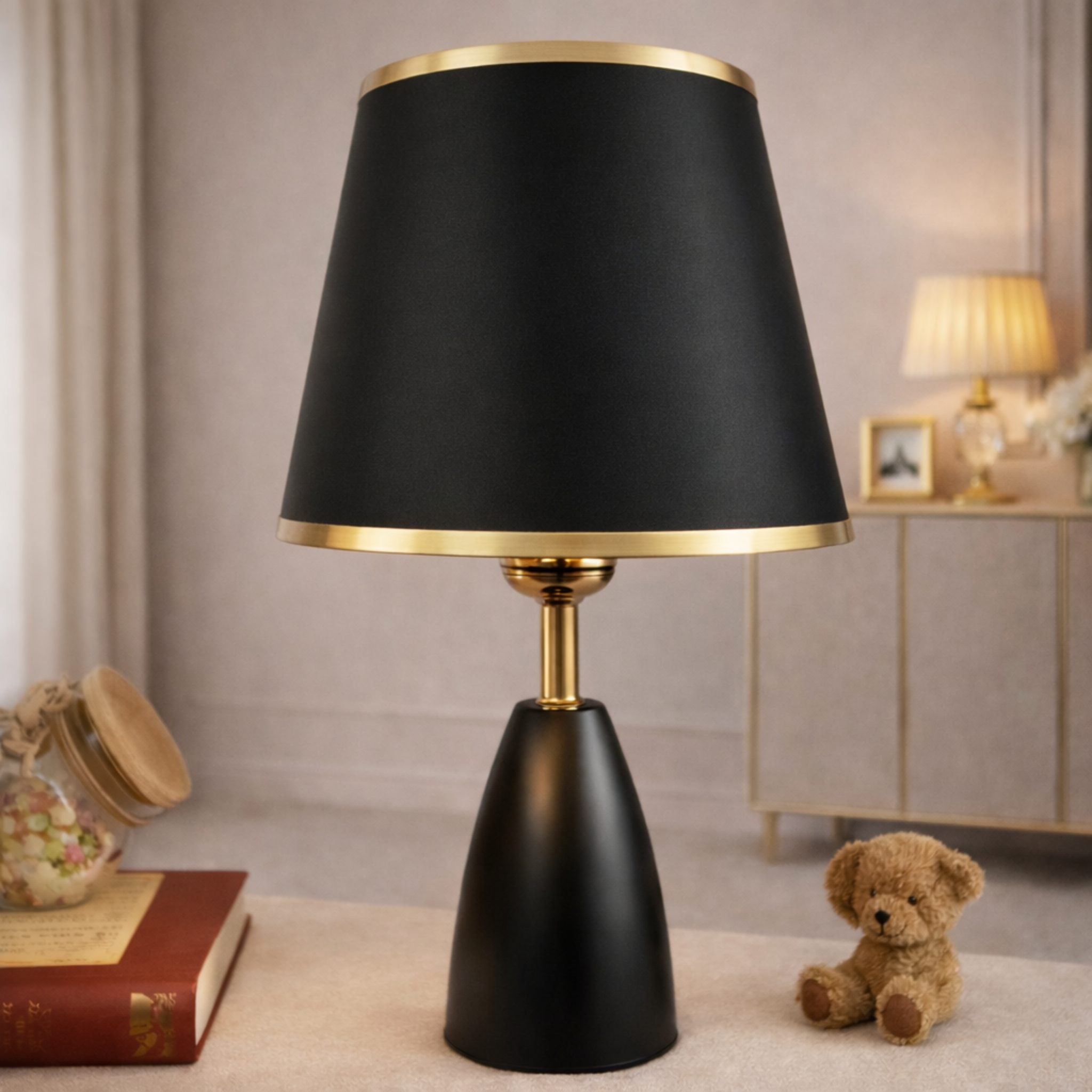 Black Gold Table Lamp with elegant matte black base and gold accents, perfect for luxury home décor and ambient lighting in modern interiors.