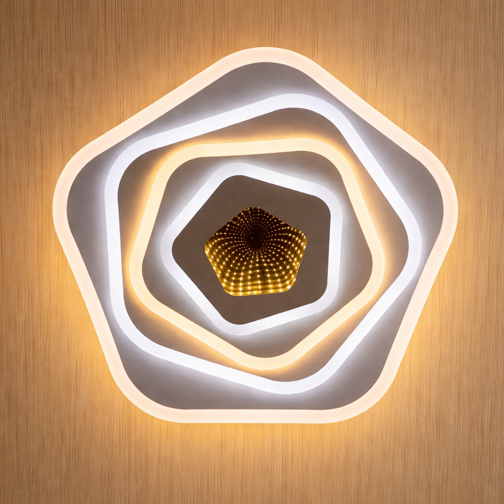 Modern Geometric LED Ceiling Light by Aura Layers featuring layered sculptural rings with ambient white and warm lighting. Ideal for luxury interiors.