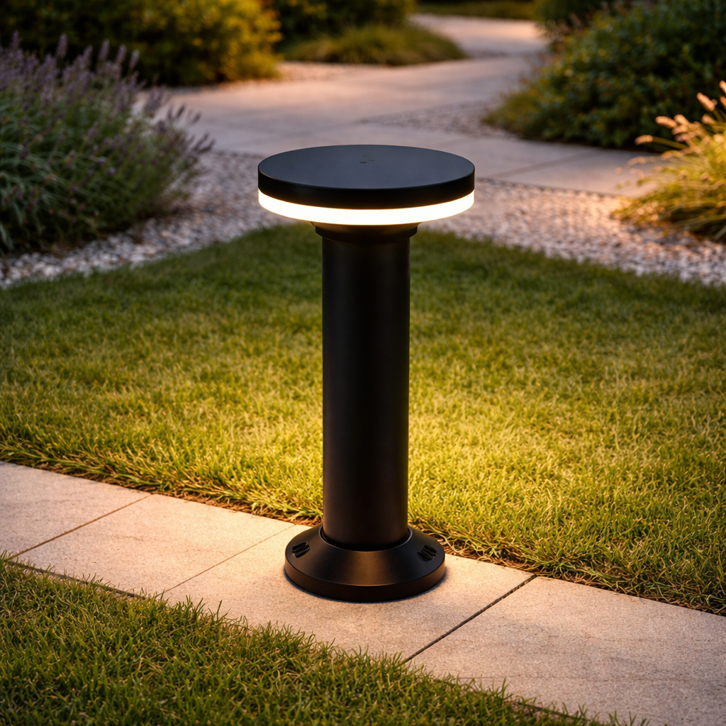LumaPath round-top modern outdoor bollard light brightening a landscaped walkway. Sleek, energy-saving fixture for premium garden and pathway lighting.