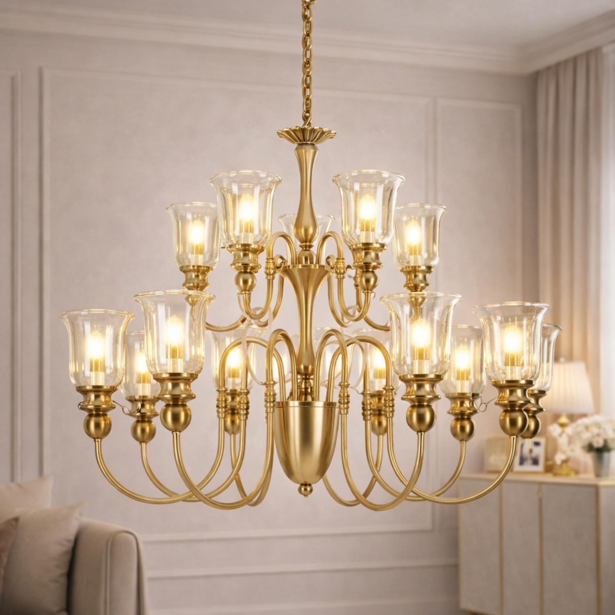 Luxury LED Living Room Chandelier with multi-arm gold finish and glass shades, ideal for modern interiors and upscale home lighting décor.