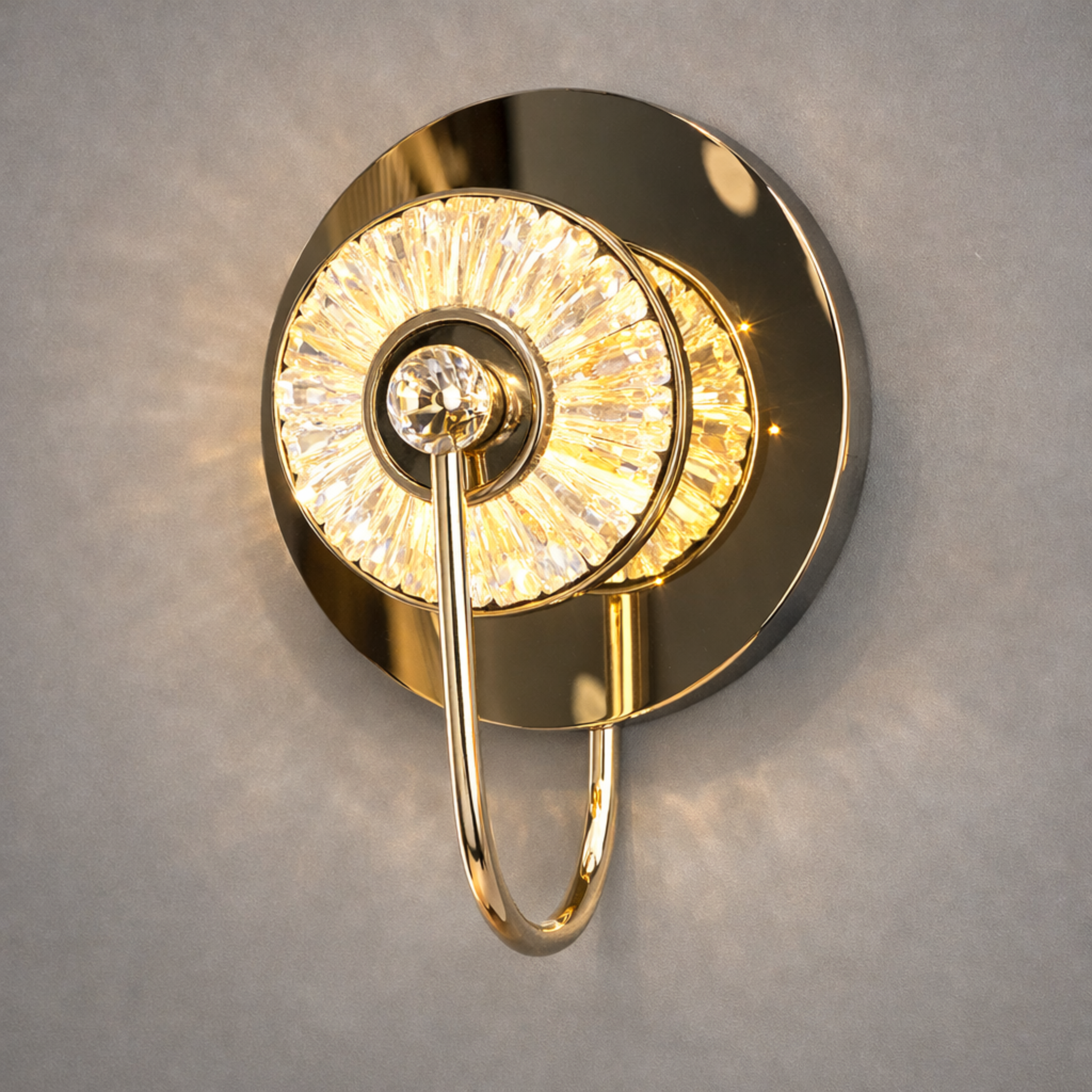 Gold Crystal LED Wall Sconce - Imperial Aurora Loop with circular crystal design and warm LED glow. Luxury lighting for modern bedrooms or living rooms.