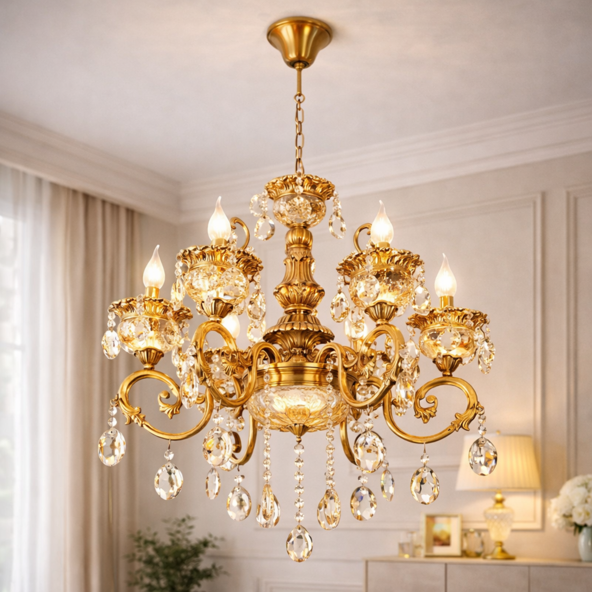 Luxury Gold Crystal Chandelier with ornate arms and teardrop crystals, ideal for upscale interiors. Perfect lighting fixture for elegant home decor.