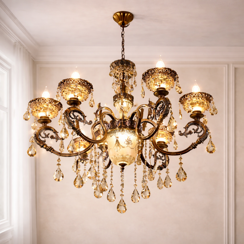 Imperial Heritage Chandelier with gold finish and luxury crystal drops, perfect for elegant interiors in India. Features ornate arms and warm LED lights.