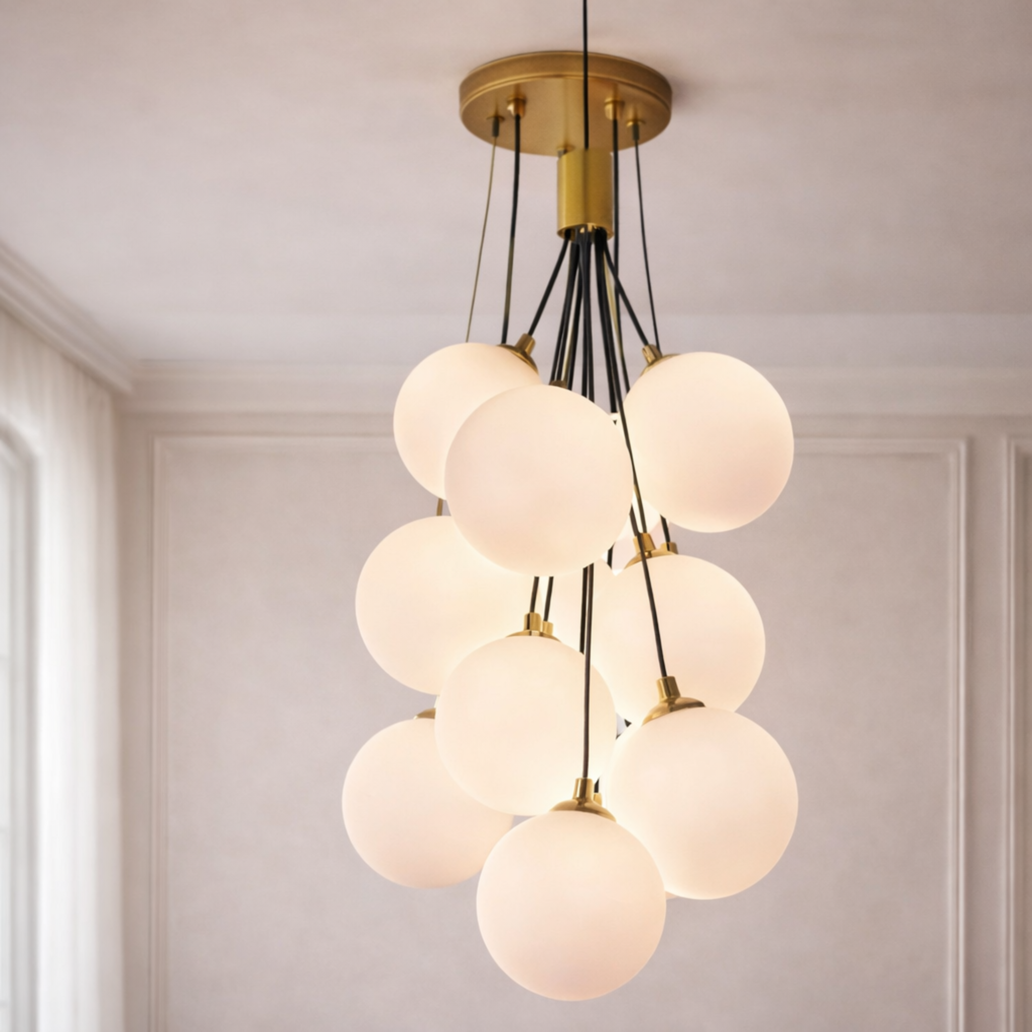 Celestia Multi-Globe Modern LED Pendant Light with frosted glass globes and gold finish, ideal for luxury interiors and energy-efficient lighting.