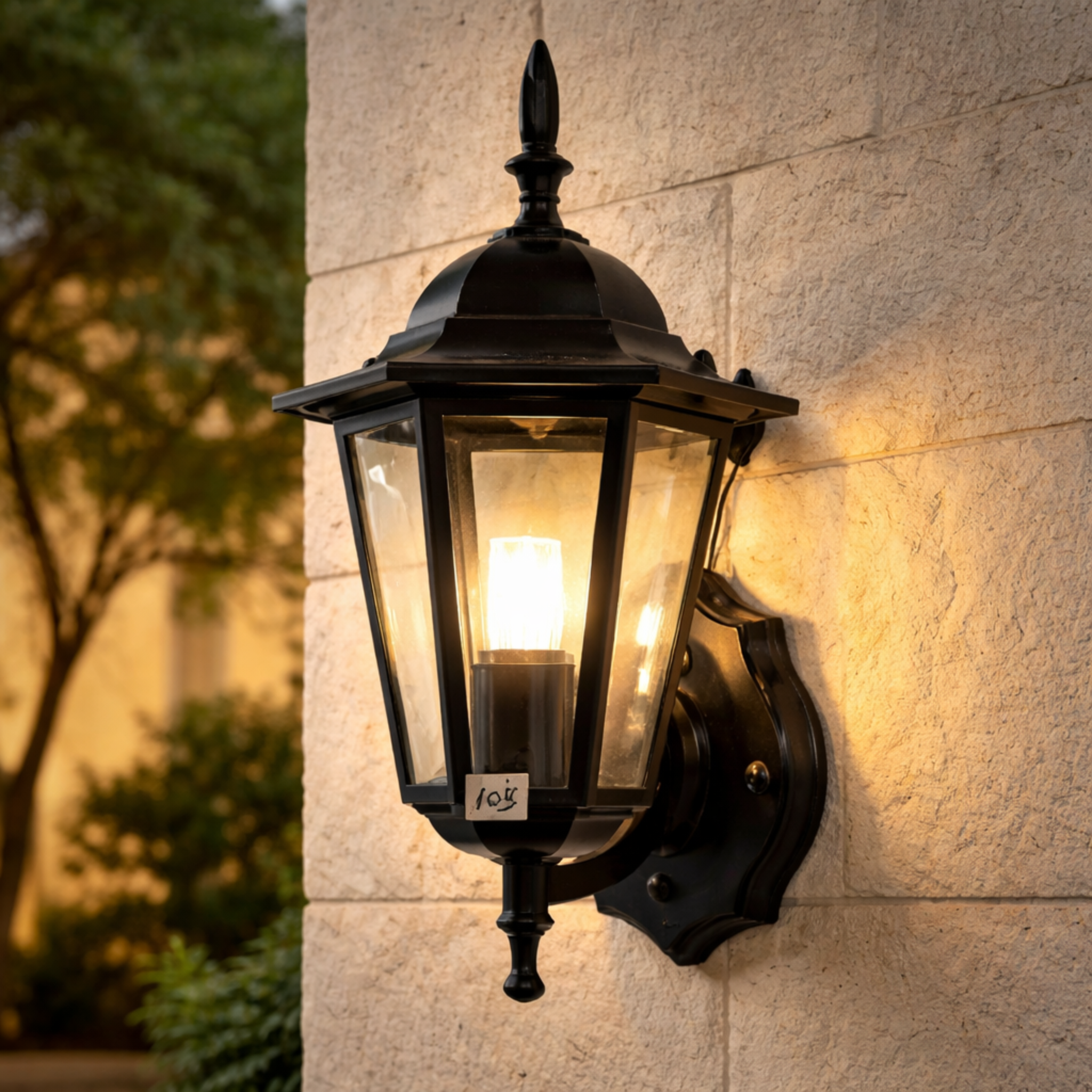 Heritage Glow Outdoor Wall Lantern Light mounted on stone wall, featuring black metal frame and warm bulb glow. Ideal for porches and garden lighting.