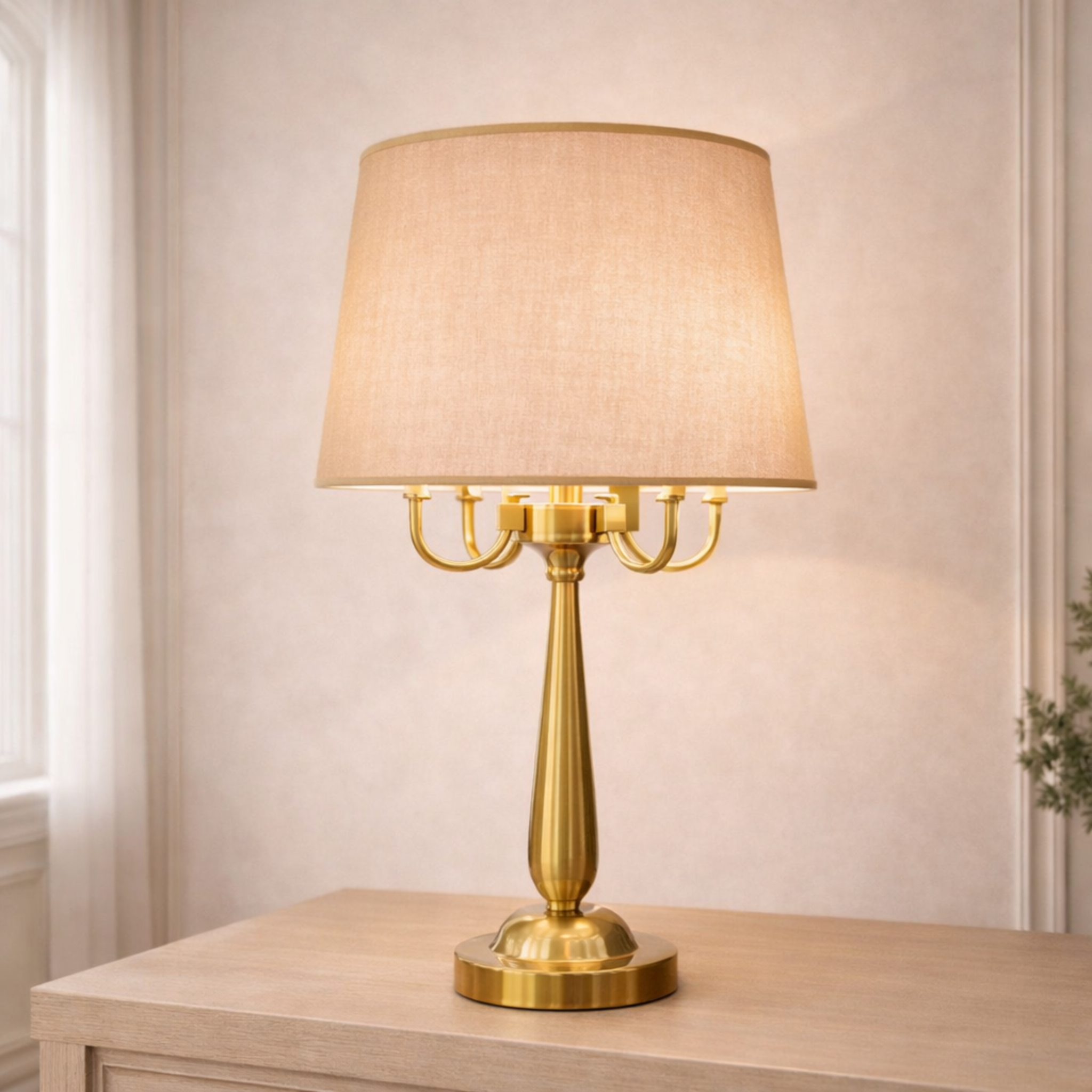 Gold Table Lamp with beige fabric shade on wooden console, ideal for luxury living spaces. Designer lighting with premium finish and warm ambient glow.