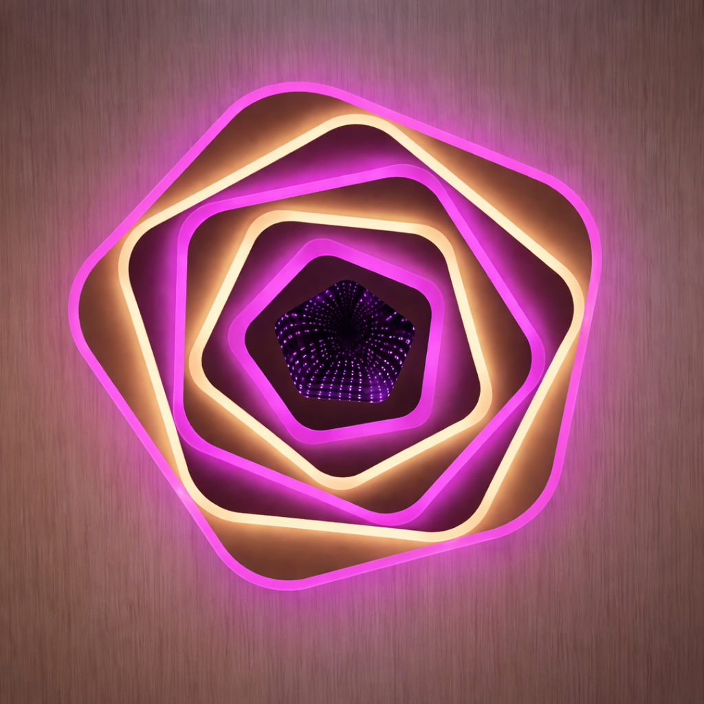PrismAura Multicolor LED Ceiling Light with Infinity Effect features a sculptural rose-shaped design and dual-tone LEDs for ambient lighting.