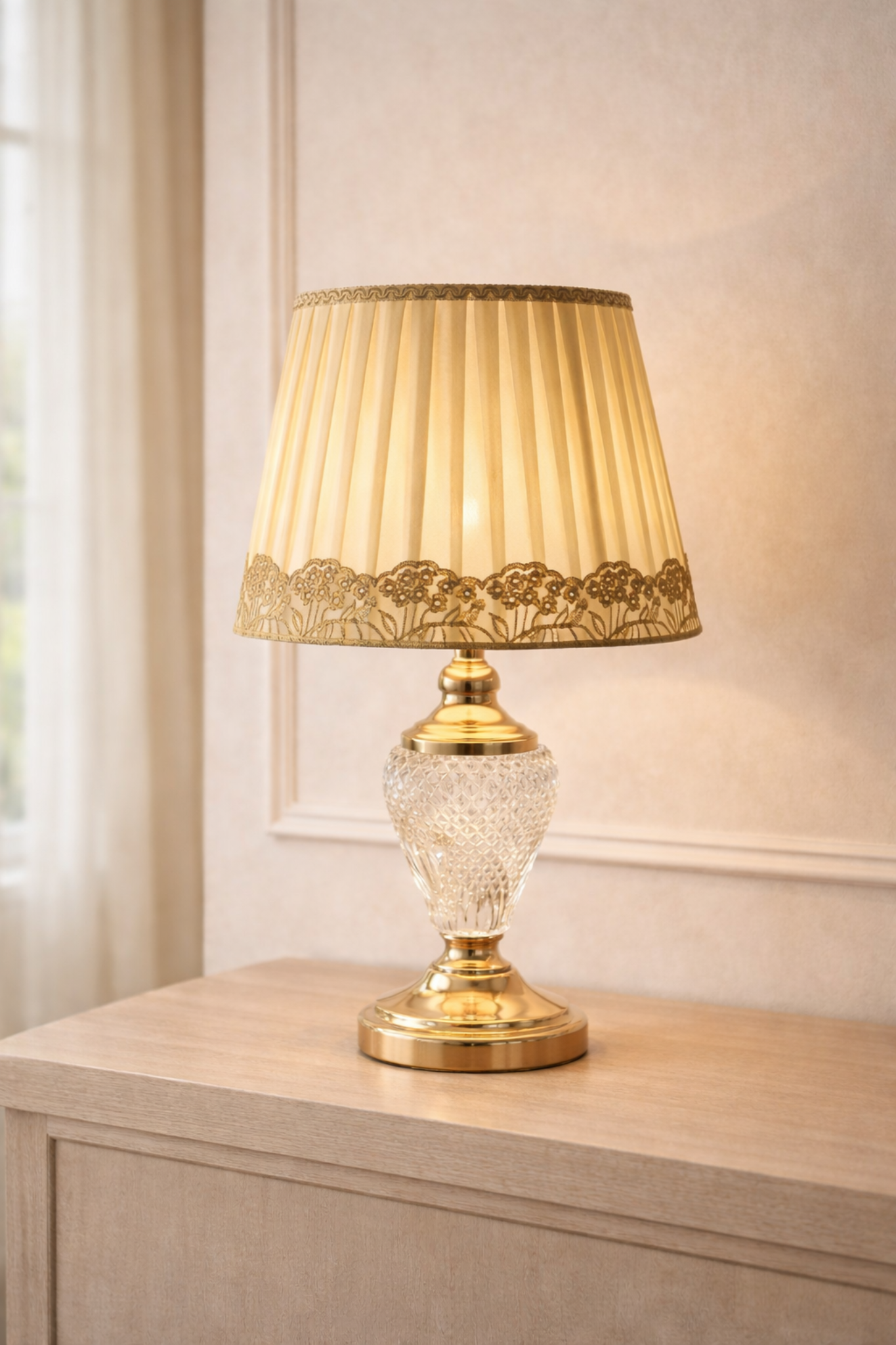 Luxury Crystal Table Lamp India - Imperial Lumière with gold base and pleated shade, perfect for elegant home interiors and premium lighting decor.