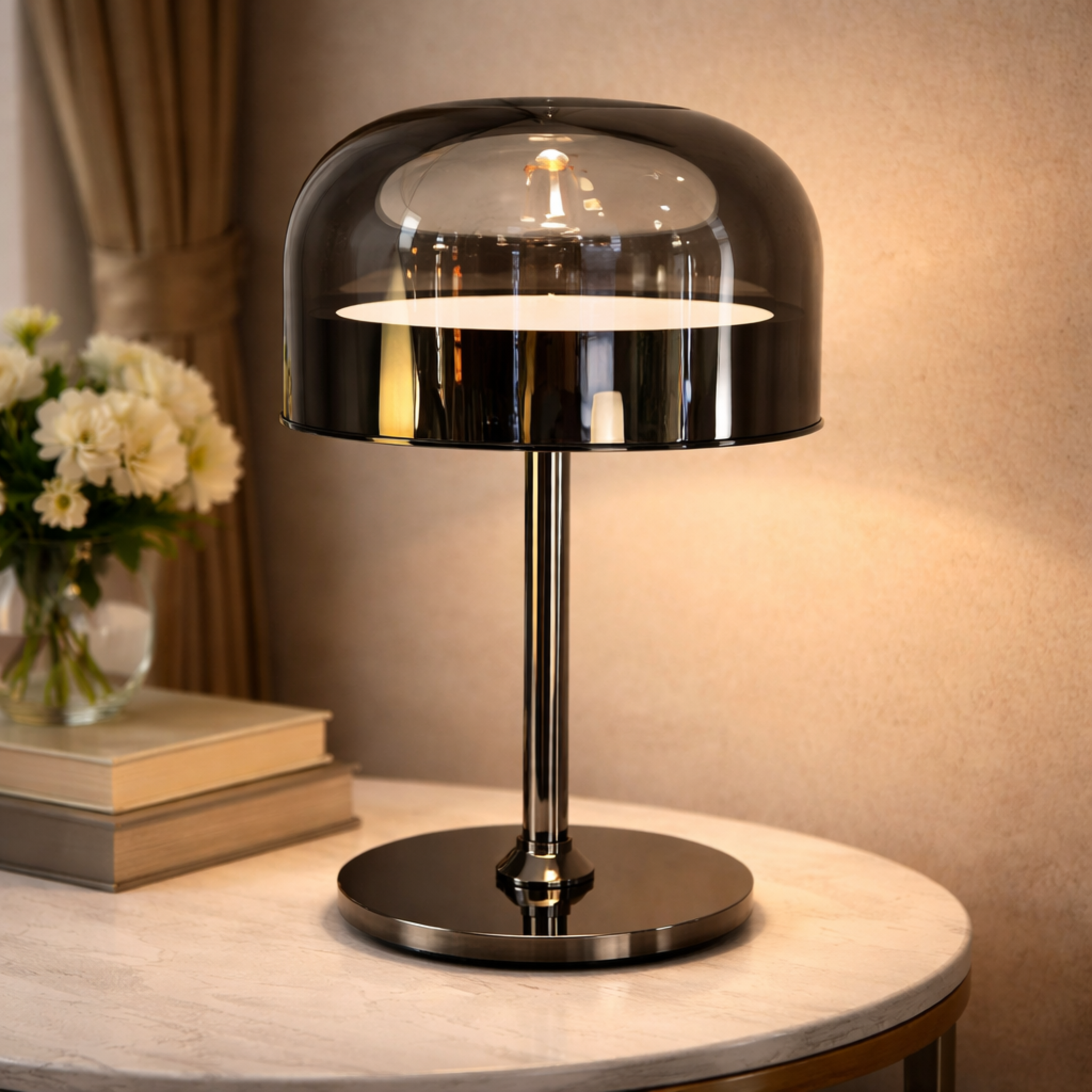 NoirGlow Smoked Glass Modern Table Lamp with dome-shaped smoked glass shade and chrome base, ideal for ambient lighting in luxury interiors.