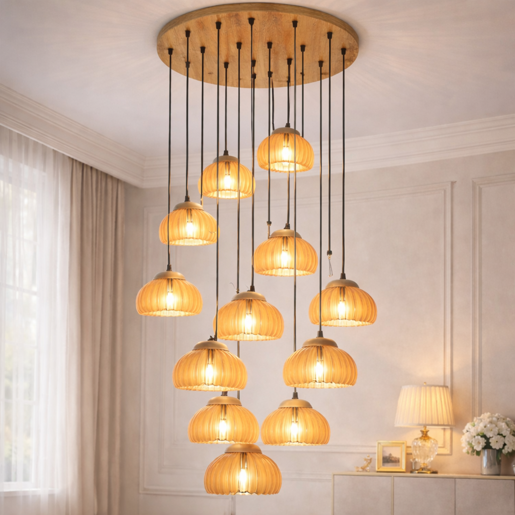 Luxury Pendant Light with modern multi-drop design featuring warm LED glow, ideal for upscale interiors and contemporary home lighting décor.