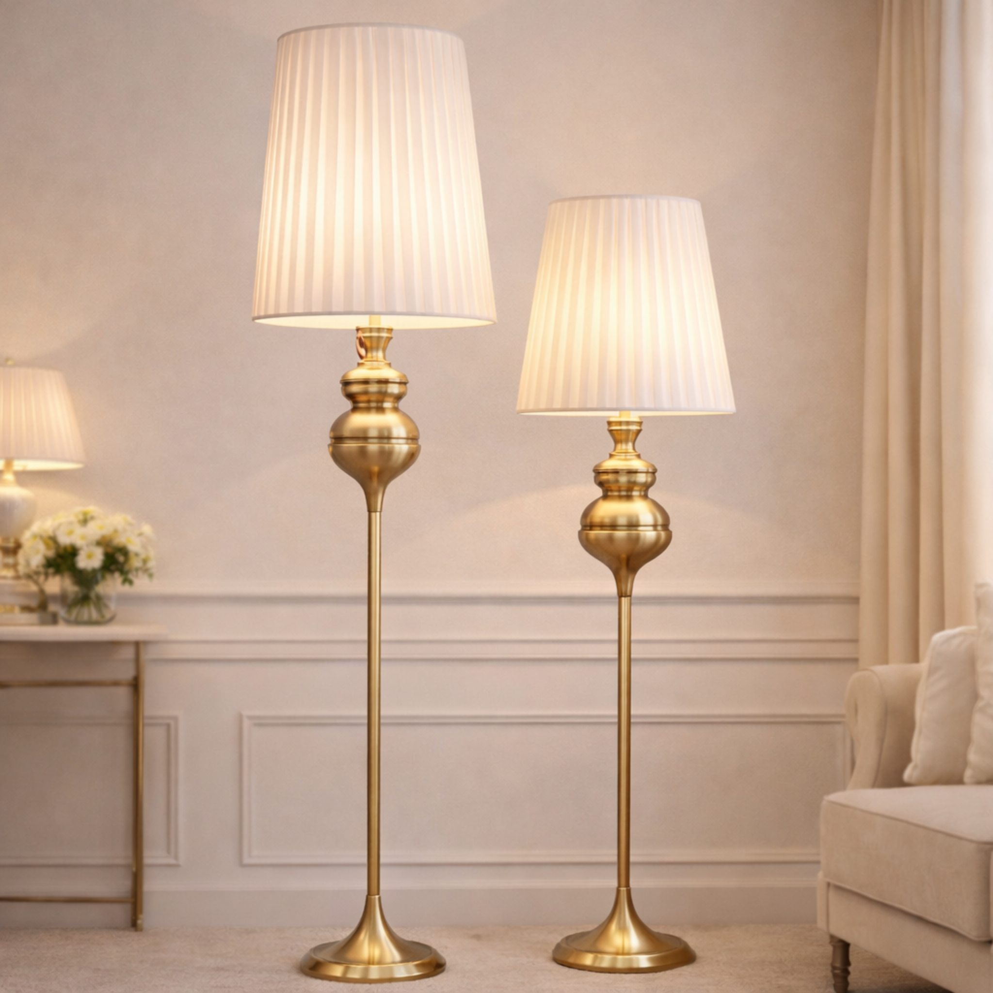 Gold Floor Lamp India with pleated white shade, ideal for elegant living rooms or bedrooms. Luxury floor lamp from ImperialKart for warm LED lighting.