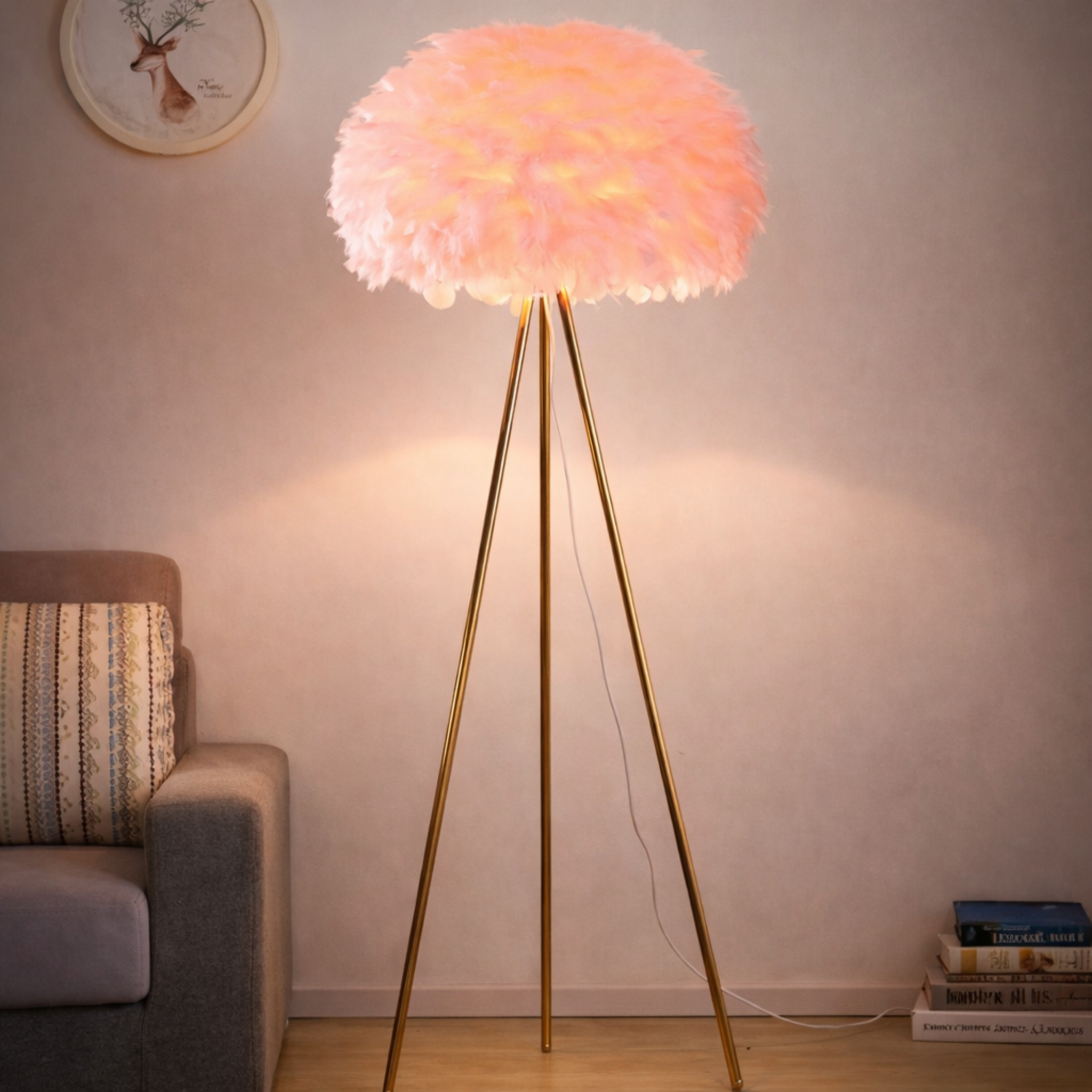 Aura Luxury Feather Floor Lamp with soft pink feathers and gold tripod base, perfect for elegant bedroom or living room lighting décor.