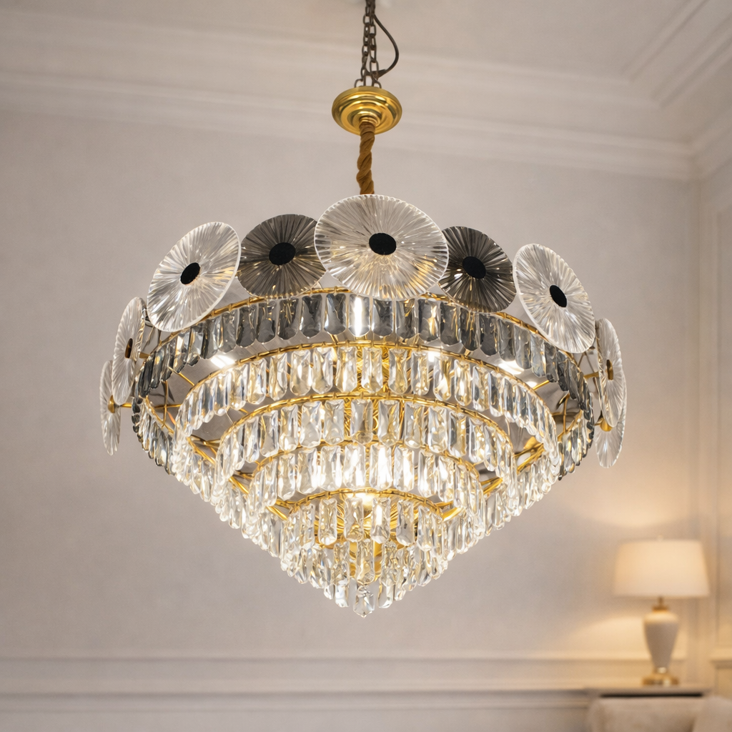 Aurelia Gold Design luxury chandelier with crystal tiers and floral accents, ideal for upscale interiors in homes, hotels, or villas in India.