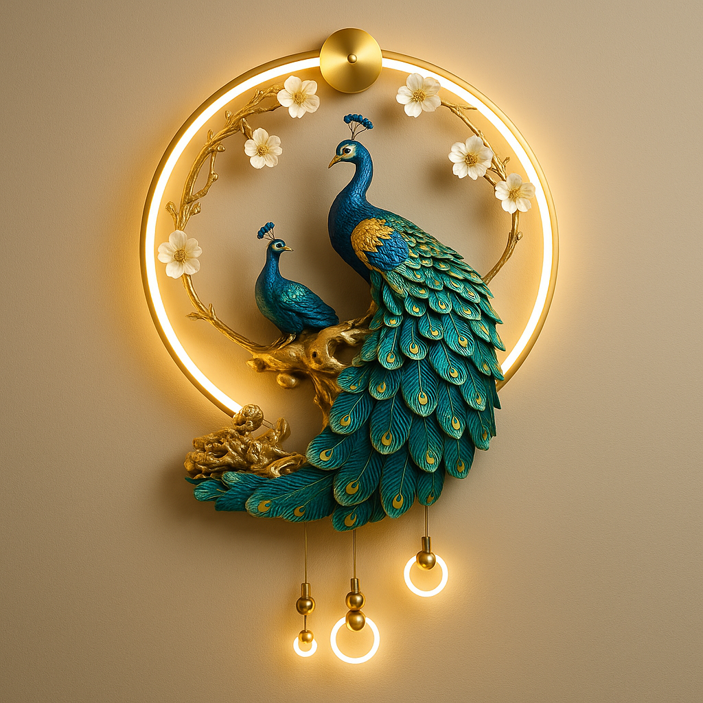 Luxury Peacock Wall Light India featuring sculpted blue peacocks with golden accents and LED ring lighting. Ideal for elegant interior décor.