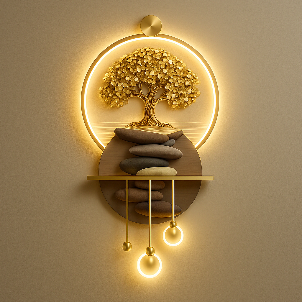 Luxury Tree of Life LED Wall Light with golden tree design, ambient halo glow, and hanging orbs. Perfect for modern interior wall decor.