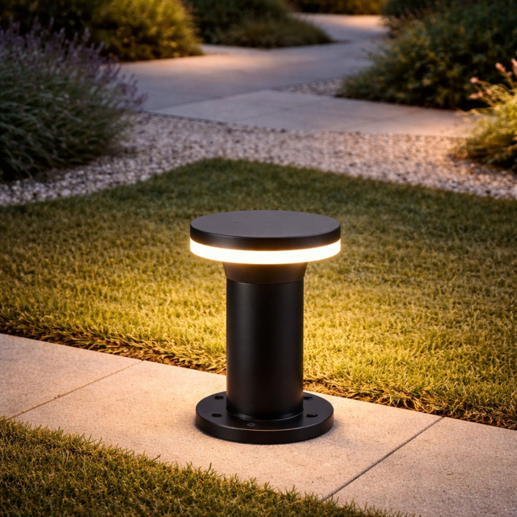 PathGlow Modern LED Outdoor Bollard Light by ImperialKart installed along a garden pathway, providing elegant and energy-efficient illumination.