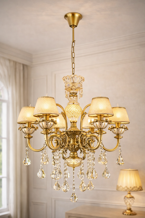 Luxury Crystal Chandelier India - Royale Collection with gold finish, ornate arms, and crystal pendants, ideal for upscale home interiors.