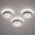 Halo Trio Modern Crystal LED Ceiling Light with three circular modules emitting soft halo glow, ideal for luxury interiors and modern lighting design.