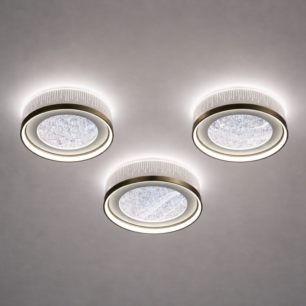 Halo Trio Modern Crystal LED Ceiling Light with three circular modules emitting soft halo glow, ideal for luxury interiors and modern lighting design.