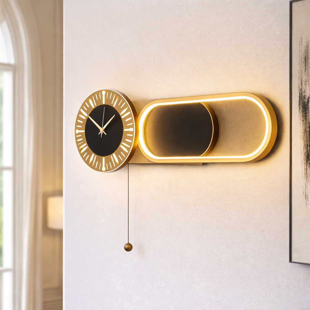 Luxury Modern LED Wall Clock by ImperialKart featuring a soft ambient glow and sleek black-gold design. Ideal for contemporary home interiors.