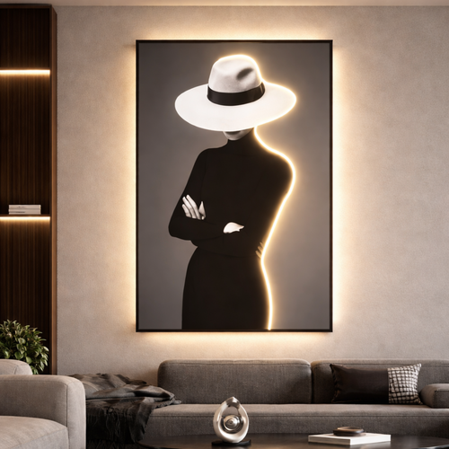 AuraMuse LED Backlit Wall Art Panel featuring a minimalist black-and-white portrait with ambient lighting, perfect for modern home decor.