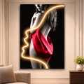 Veloura LED Backlit Contemporary Wall Art featuring a black-and-white female figure with a red drape and glowing LED outline, ideal for modern interiors. Adds ambient lighting and bold visual impact to luxury home decor.