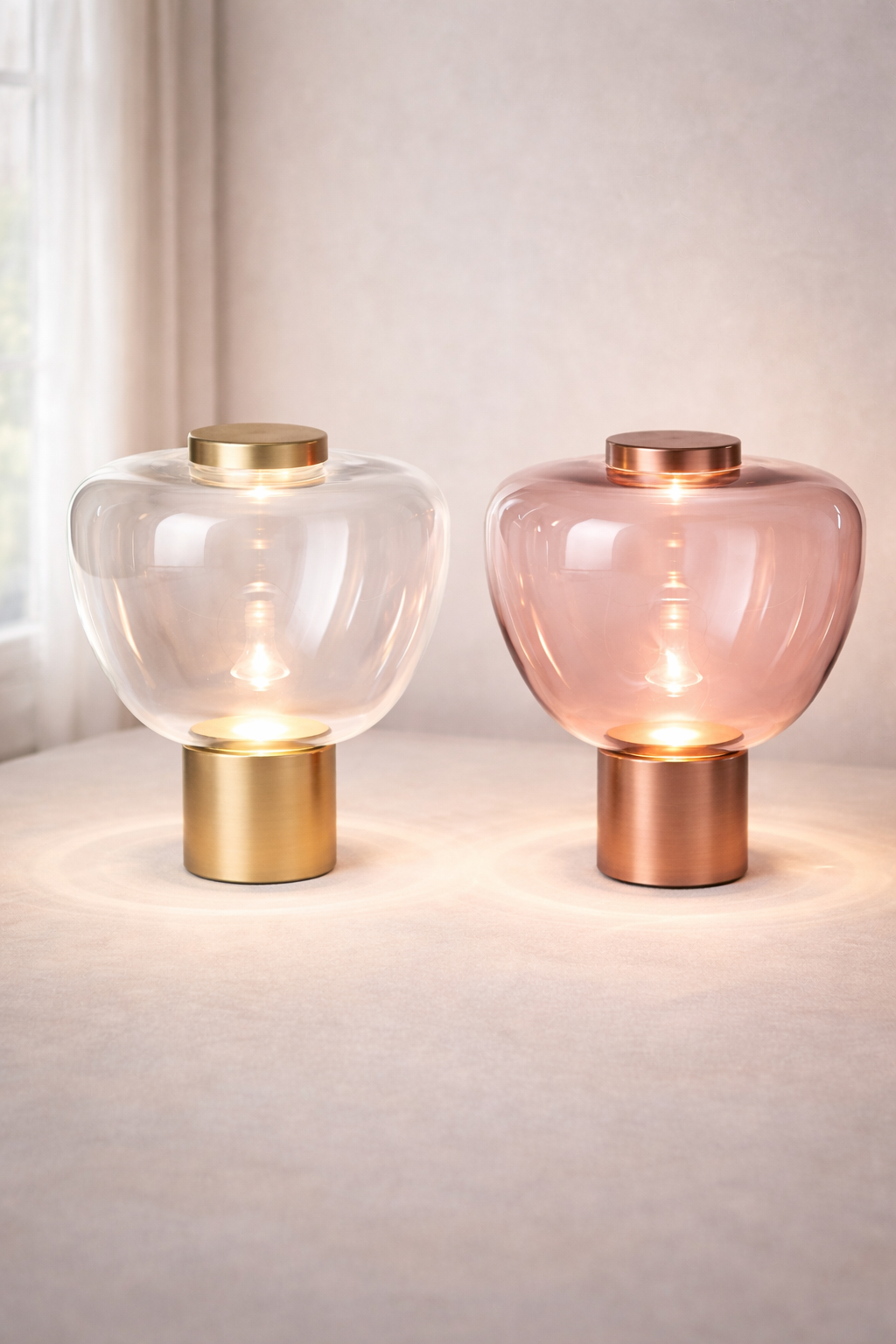 Imperial Lumière Glass Luxury LED Lamp in clear and rose gold glass with metallic base. Elegant table lamps for modern home décor and luxury interiors.