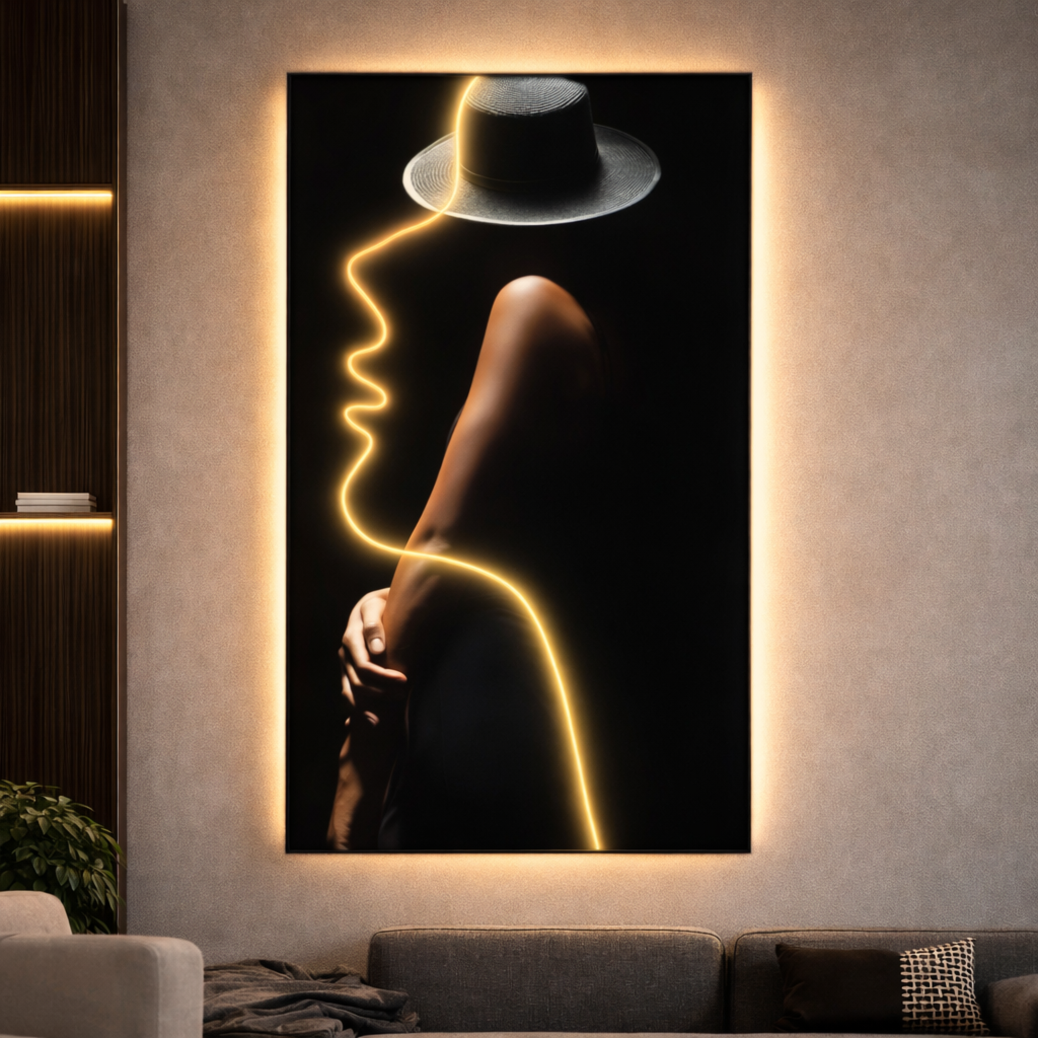 LumiCanvas – LED Illuminated Wall Art featuring a minimalist neon outline of a woman in a hat, glowing warmly in a modern living room. Unique LED design enhances luxury decor.
