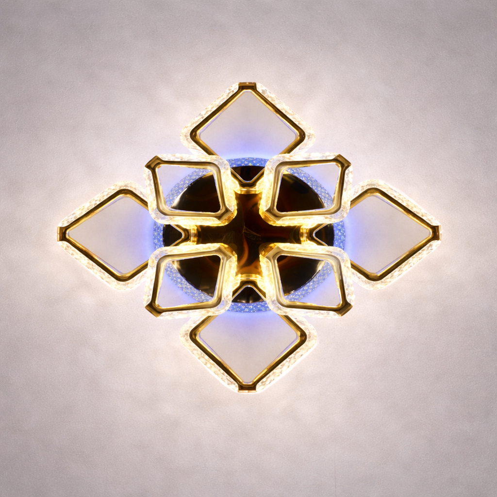Quadra Halo Geometric Gold LED Ceiling Light with diamond-shaped frames and ambient blue glow, ideal for modern home interiors.