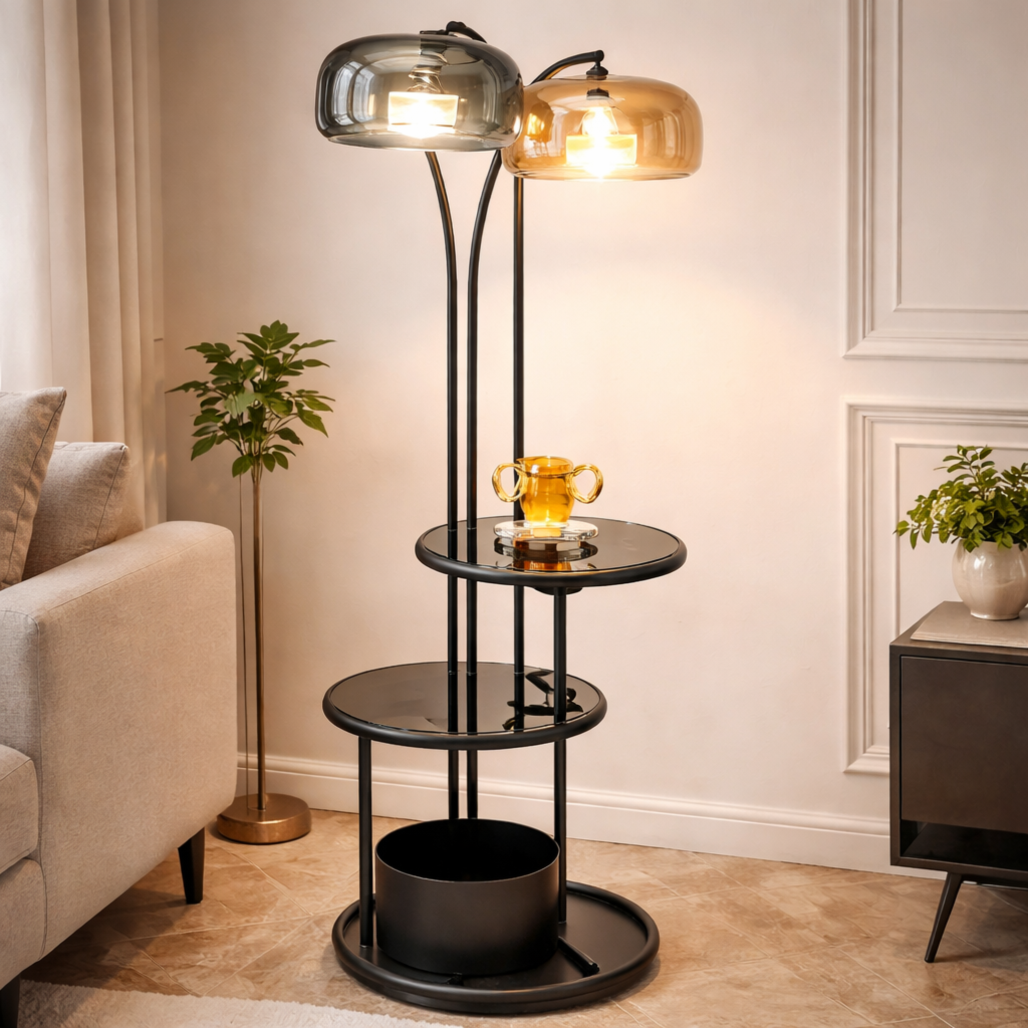 Duo – Modern Floor Lamp with Integrated Table featuring dual glass shades in amber and smoke, sleek black frame, and built-in shelving. Ideal for contemporary living rooms.