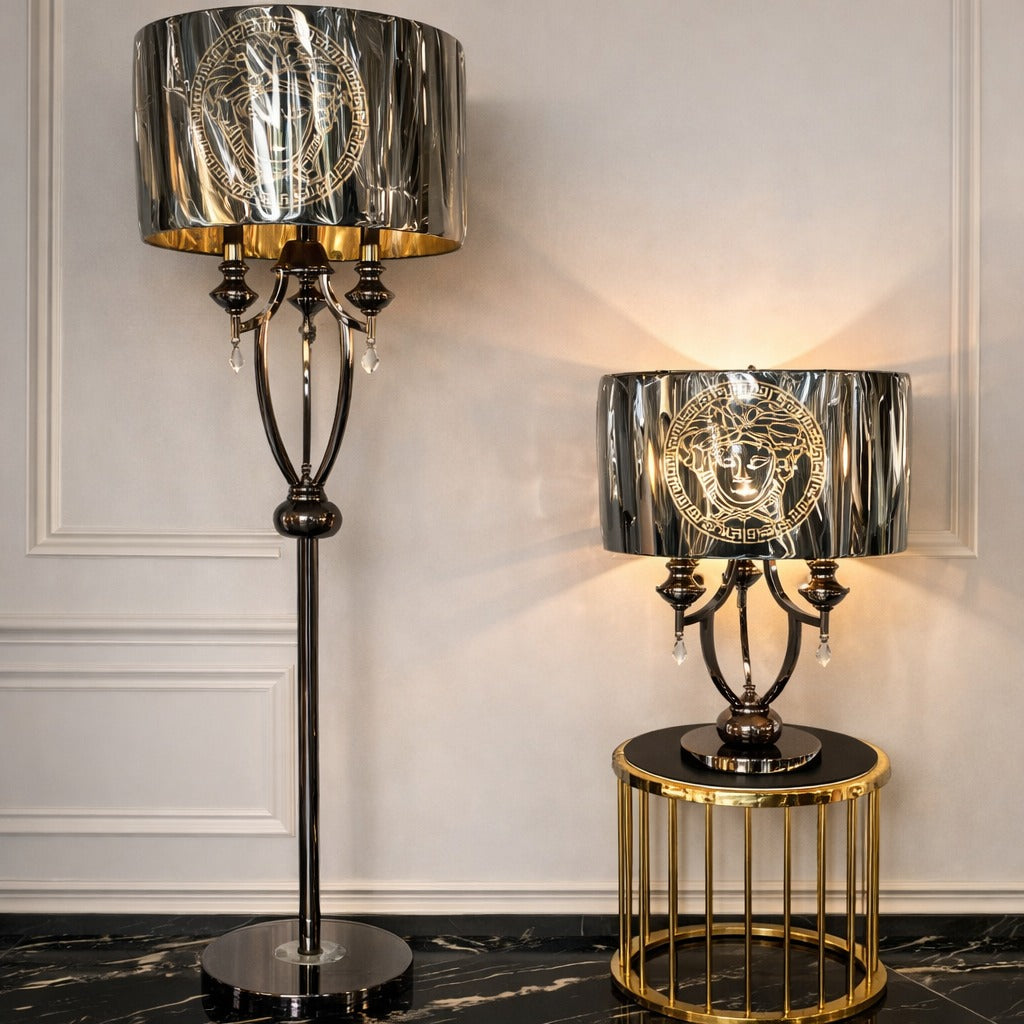 Imperial Medusa luxury lamp set with black and gold finish, ideal for Indian homes. Elegant floor and table lamps with ambient lighting and designer appeal.