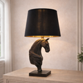 Luxury Horse Table Lamp with sculptural horse bust base and black lampshade, perfect for bold luxury interiors and designer art lighting.