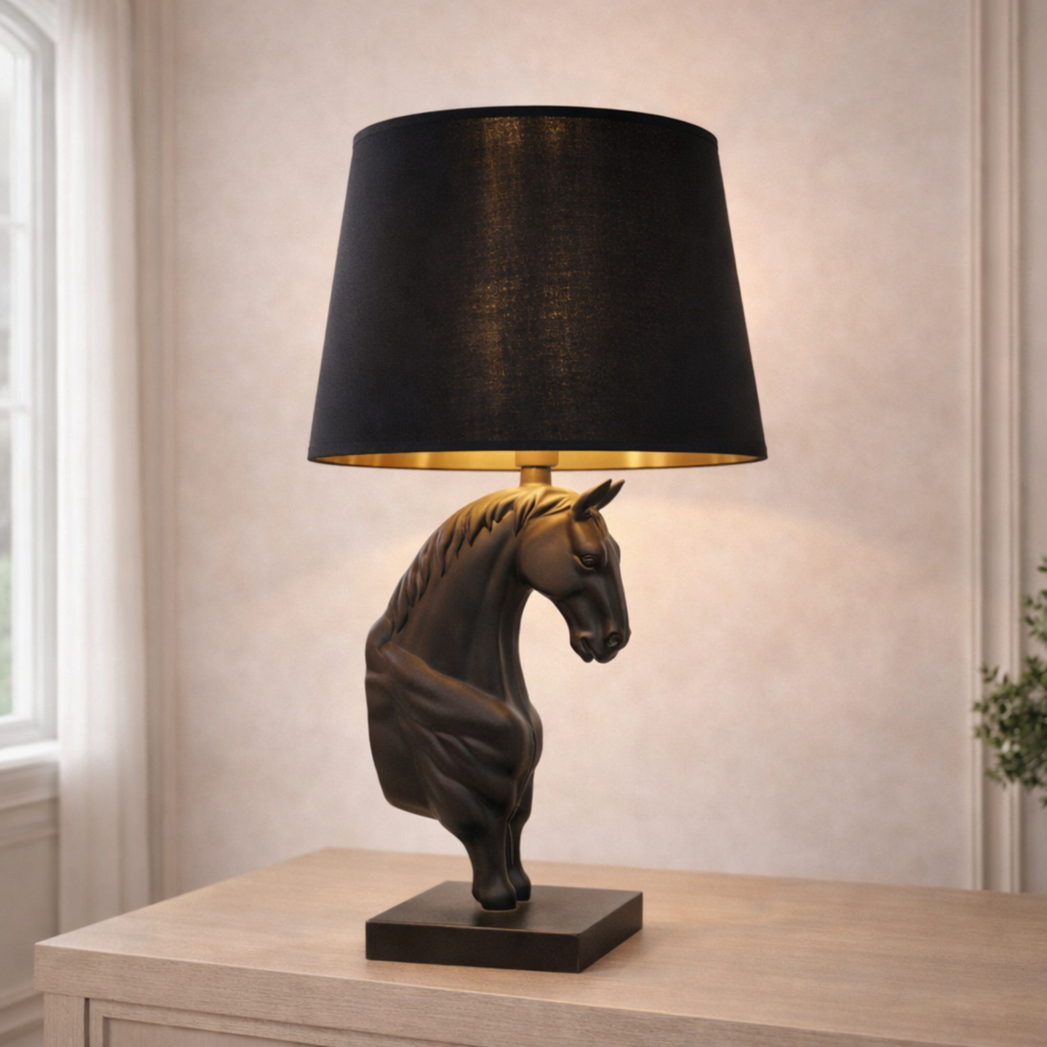 Luxury Horse Table Lamp with sculptural horse bust base and black lampshade, perfect for bold luxury interiors and designer art lighting.