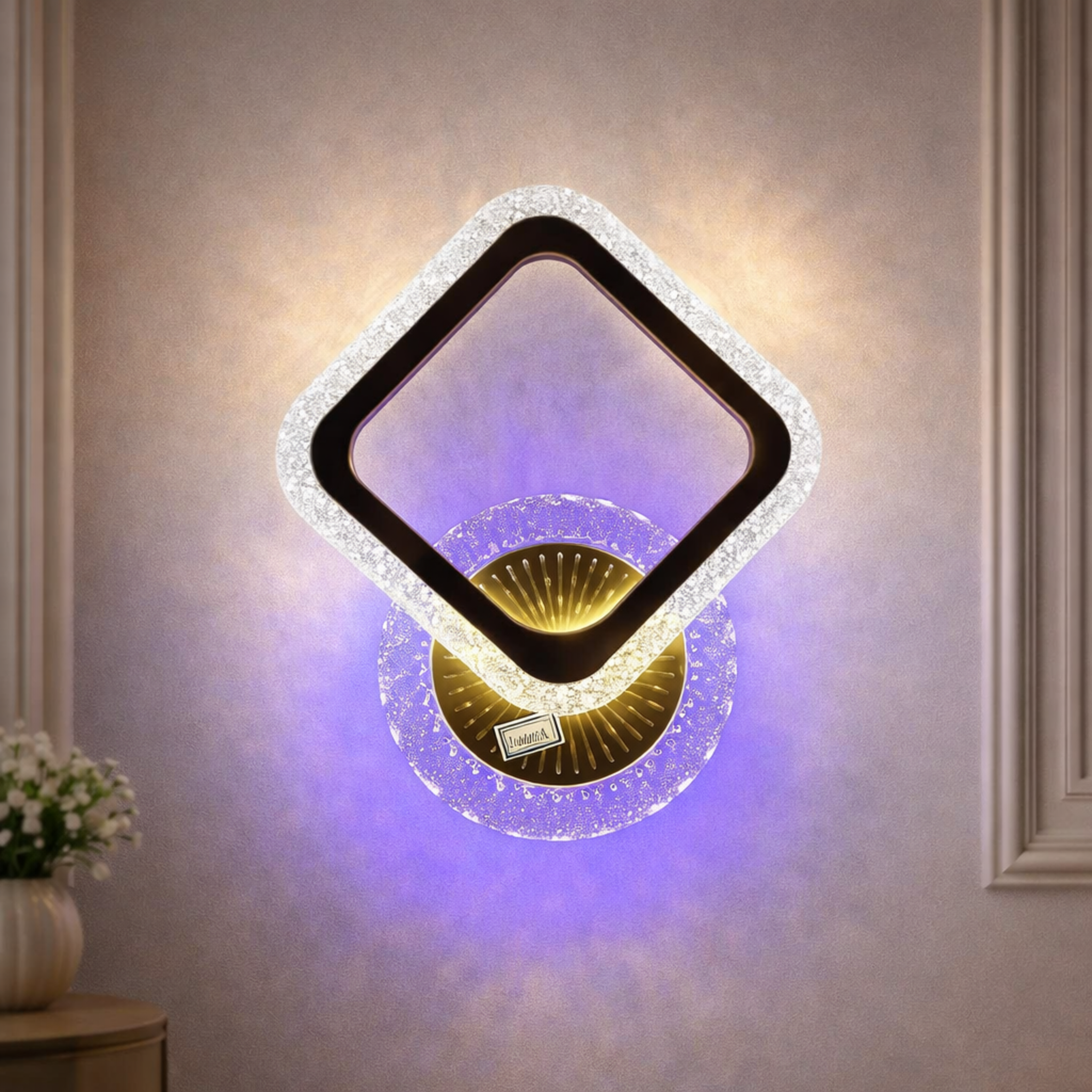 Luminara Prism - Geometric Crystal LED Wall Light with diamond-shaped frame and ambient glow. Ideal for modern home interiors and luxury lighting décor.