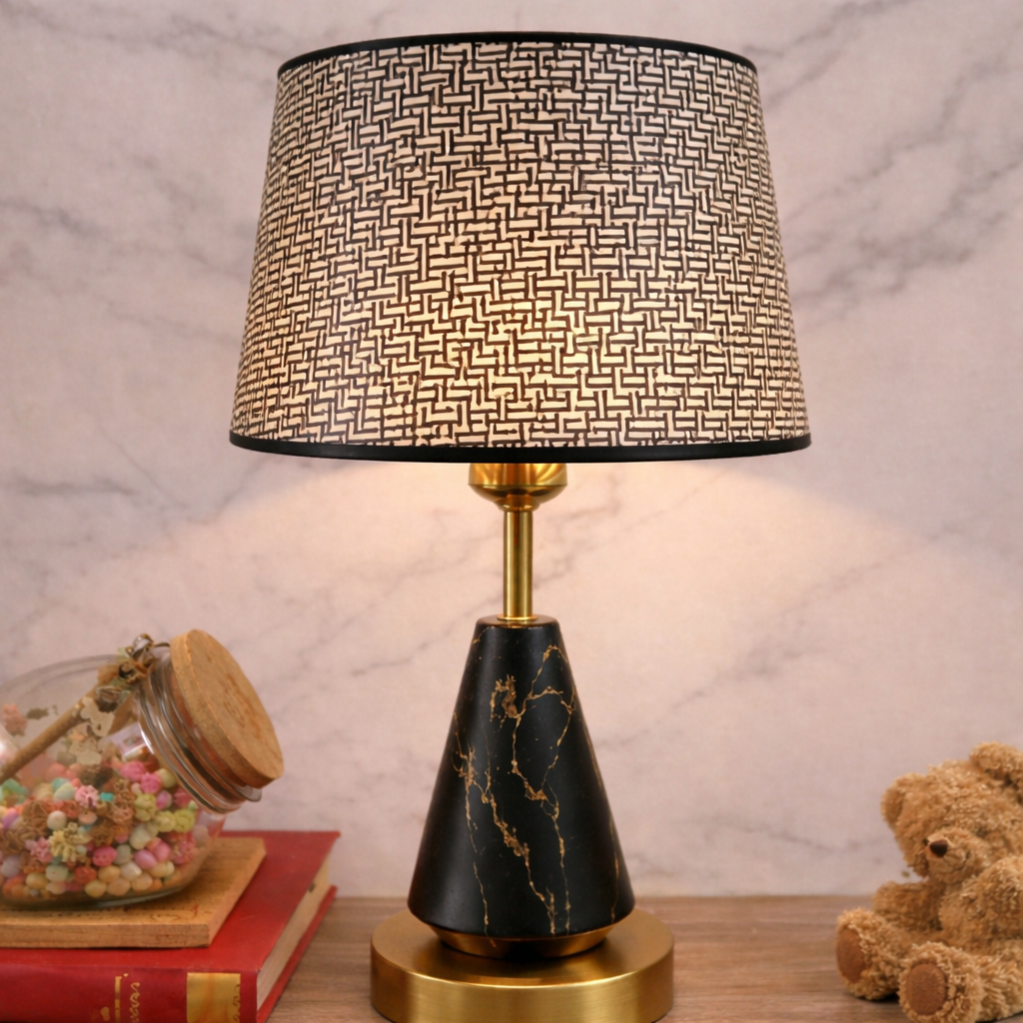 Luxury Marble Table Lamp India - Imperial Noir Luxe with black marble conical base, gold accents, and patterned fabric shade for elegant interiors.