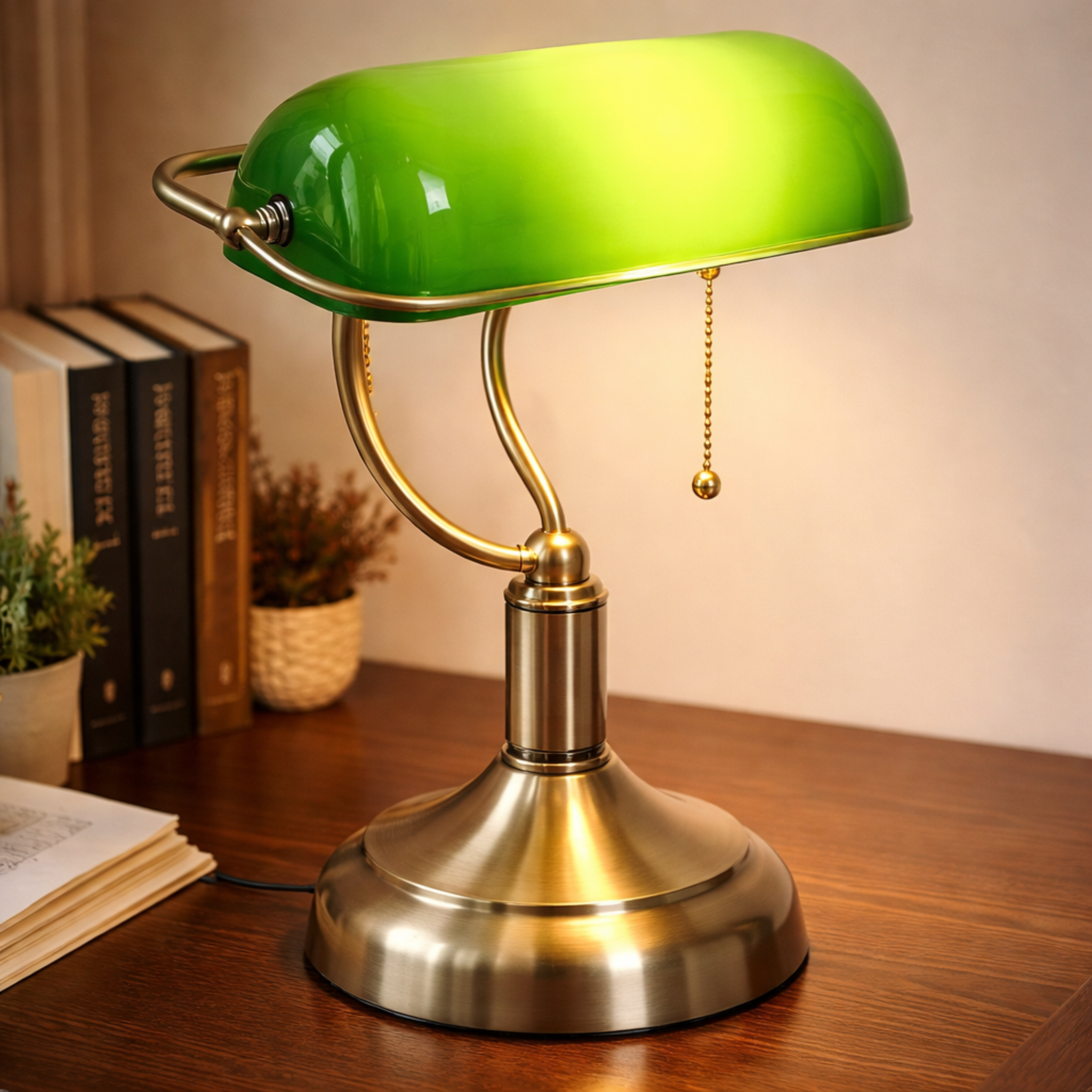 Scholar Glow Green Banker Desk Lamp with brass base and green glass shade, ideal for elegant workspaces and focused lighting.