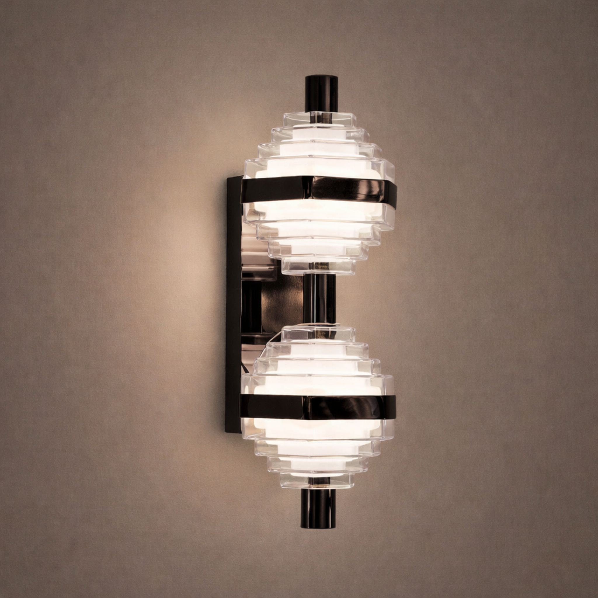 Noir Helix Luxury Crystal Wall Light with dual stacked crystal spheres and black chrome accents, ideal for ambient lighting in modern interiors.