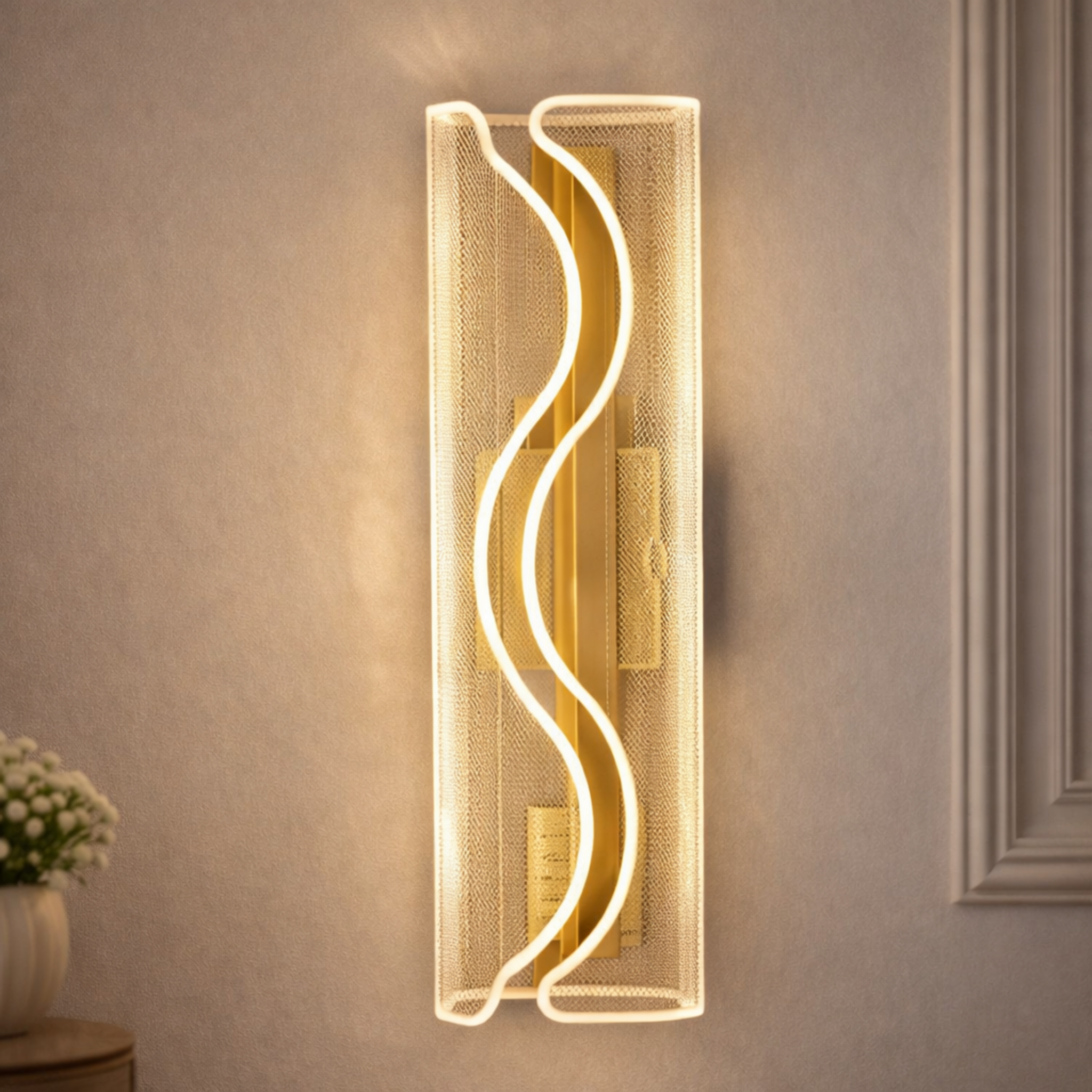 LumiWave Luxury Designer Wall Light with sculpted LED curves and brass mesh frame, ideal for modern home interiors and ambient wall lighting.