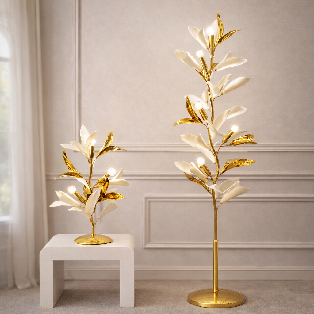 Luxury Floral Lamps Set for Elegant Homes featuring gold and white flower-inspired floor and table lamps. Premium lighting for modern Indian interiors.