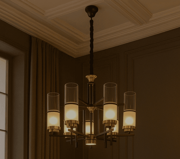 Elegant modern chandelier with cylindrical glass shades and brass accents, ideal for upscale interior decor and lighting design. Perfect for living rooms, dining areas, or entryways.