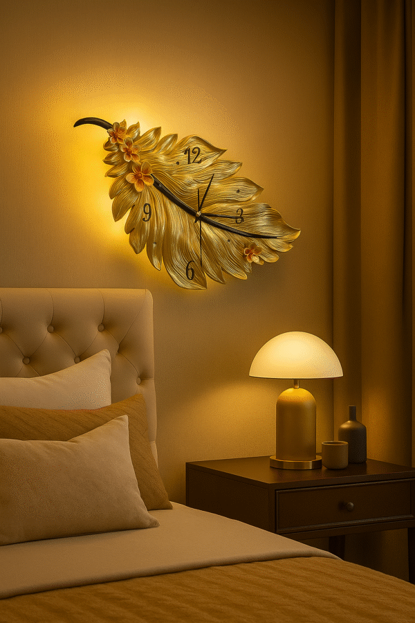 Golden Leaf Blossom Wall Clock
